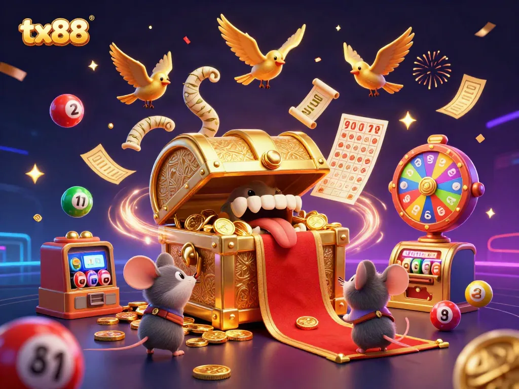 Experience the excitement of tx88 with vibrant casino game elements and golden treasures in 3D.