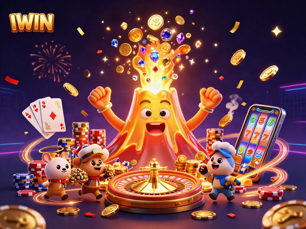 Win big with IWIN as animated characters celebrate a treasure eruption in this vibrant casino scene