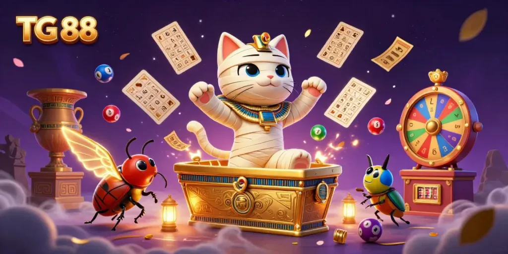 A 3D cartoon Egyptian mummy cat and scarab beetle amid gaming elements at TG 88.