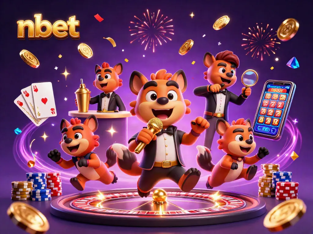 Nbet casino illustration showing hyenas in a comedy club with casino games, vibrant colors, and dynamic elements.