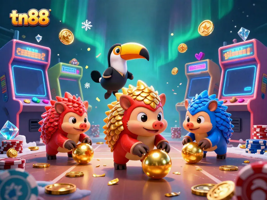 Play exciting tn88 casino games with rival pangolins competing in a vibrant 3D cartoon scene.