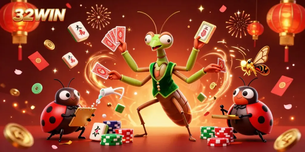 32WIN casino scene showcasing a giant praying mantis card sharp dealing cards, surrounded by vibrant festive elements.