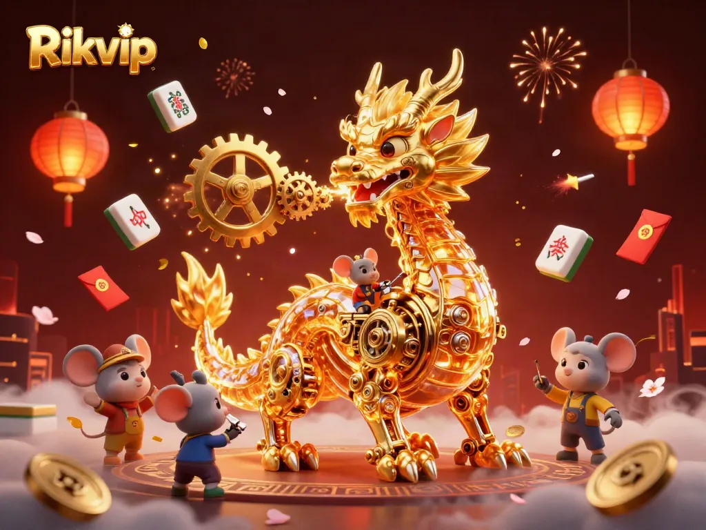 Engage with Rikvip in an enchanting 3D dragon-themed casino realm featuring vibrant game elements.