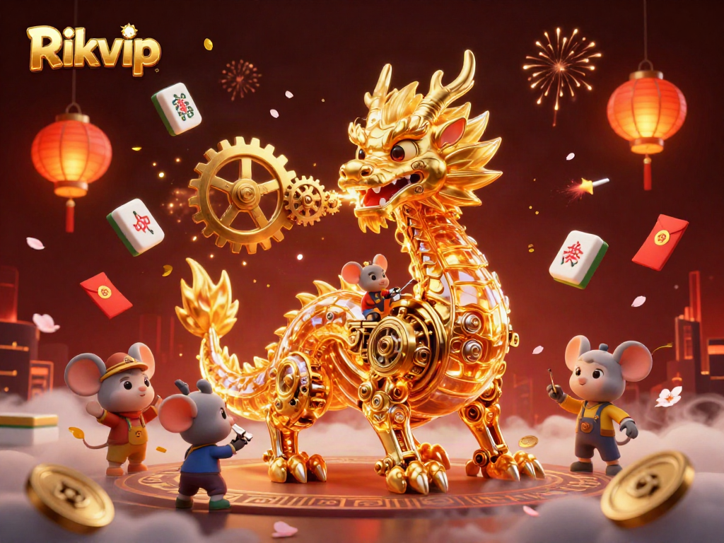 Engage with Rikvip in an enchanting 3D dragon-themed casino realm featuring vibrant game elements.