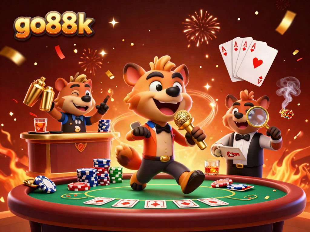 Go88k's lively hyena comedy casino scene with vibrant poker action!