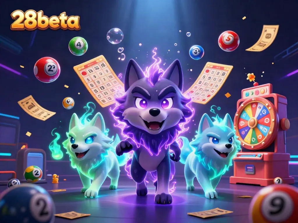 Experience thrilling gameplay at 28beta showcased in a vibrant 3D casino scene featuring wolves and dynamic gaming elements.
