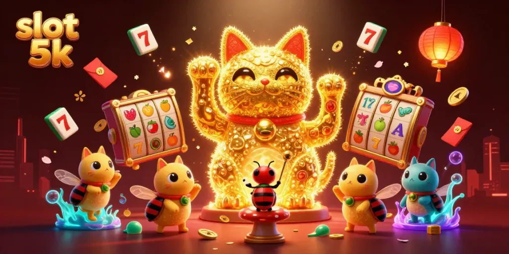 Celebrate wins at slot 5k: A dazzling display of a lucky cat and casino symbols in a vibrant 3D scene.