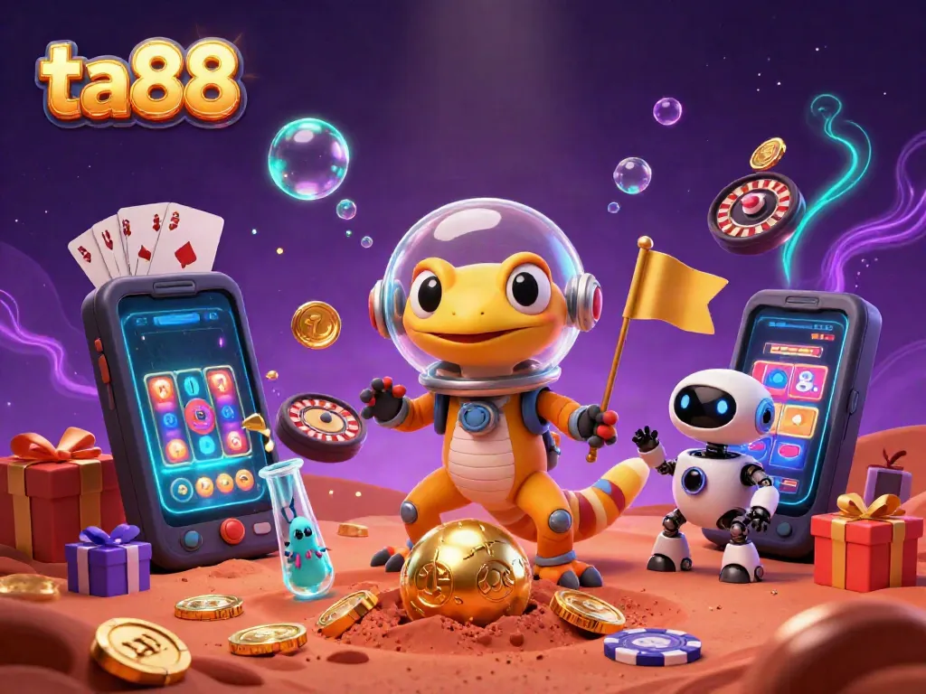 Immerse in ta88's vibrant Martian casino scene, showcasing a gecko in a space suit with lively gaming elements.