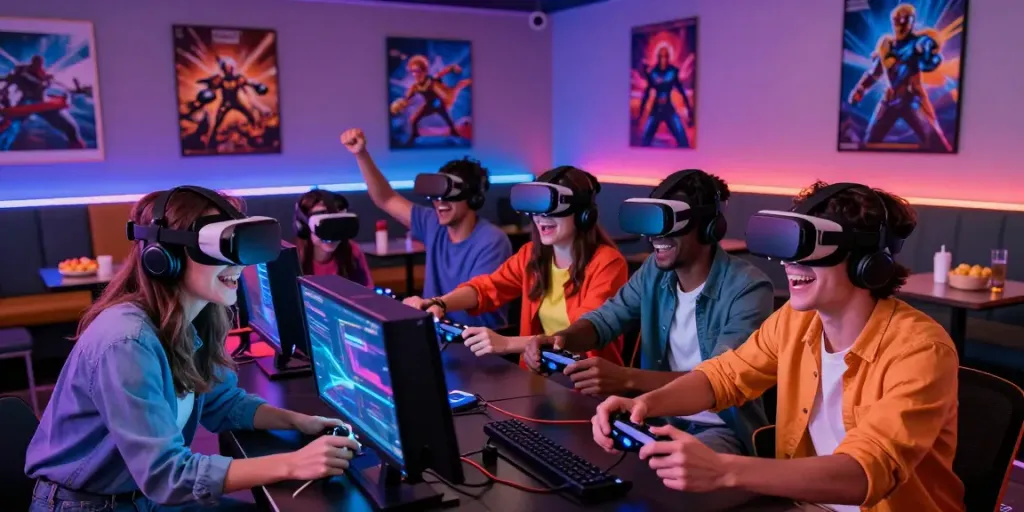 Kilat404 gaming experience with friends in a vibrant VR lounge.