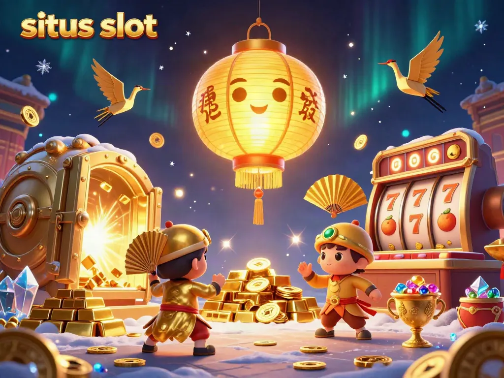 Gambarlah situs slot dengan karakter, elemen permainan, dan simbol kejayaan dalam ilustrasi.