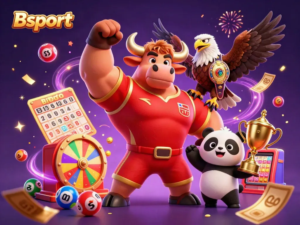 Bsport showcases an exciting gambling scene with a bull, eagle, and panda celebrating amidst vibrant game elements.