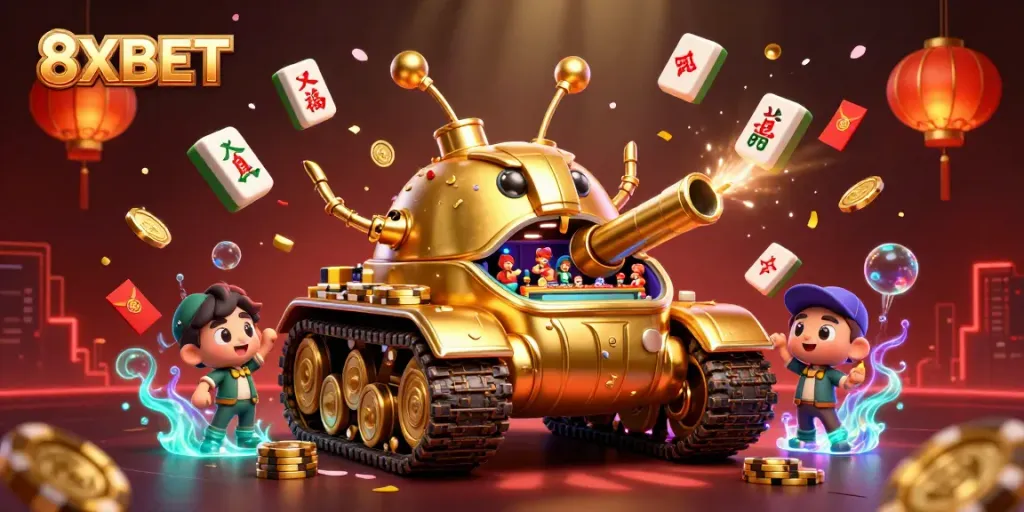 Experience the thrill of 8XBET with a dazzling casino scene inside a golden beetle tank.