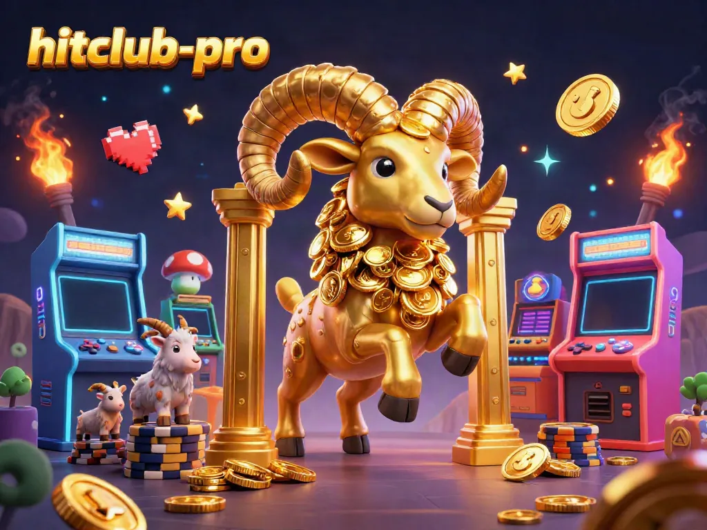 Engage in vibrant gaming with hitclub-pro, showcasing colorful arcade machines and a majestic golden ram.