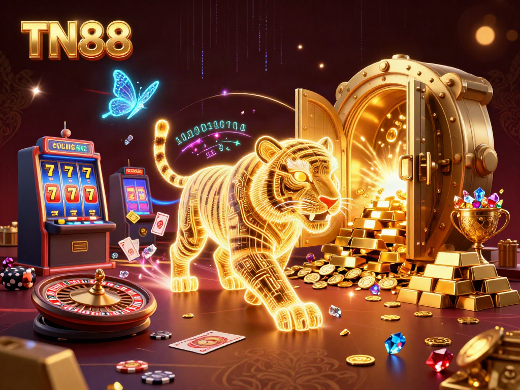 Engage with TN88's vibrant online casino, featuring a golden tiger and thrilling gaming elements.