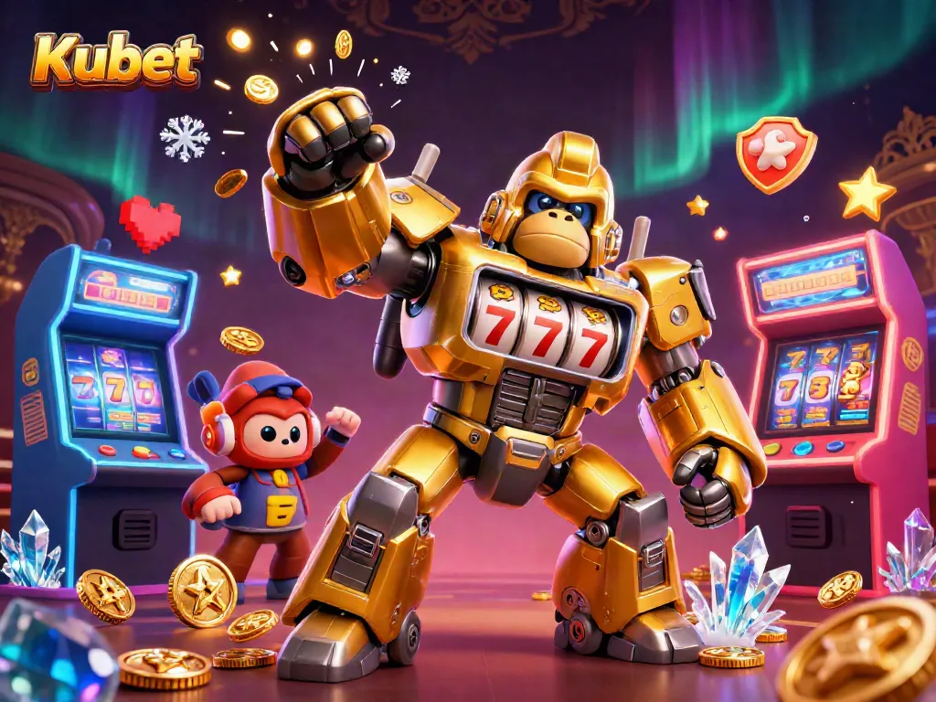 Kubet showcases an energetic casino scene with a gorilla mech amidst vibrant slots and arcade elements.
