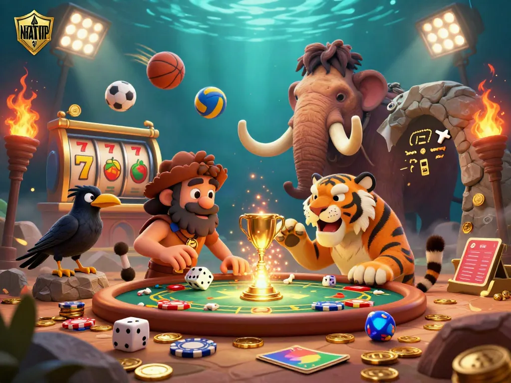 Engage with NHATVIP's thrilling prehistoric casino scene, featuring vibrant characters and dynamic gaming elements.
