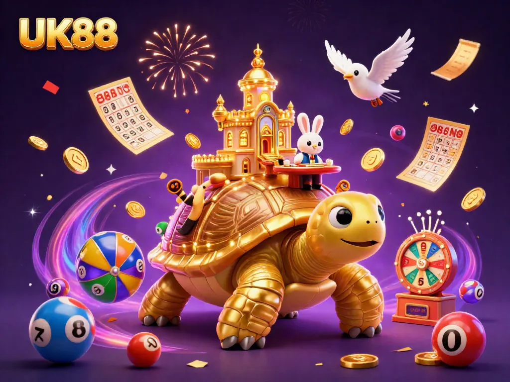Experience excitement with UK88's golden tortoise casino scene, vibrant lottery action, and confetti galore.