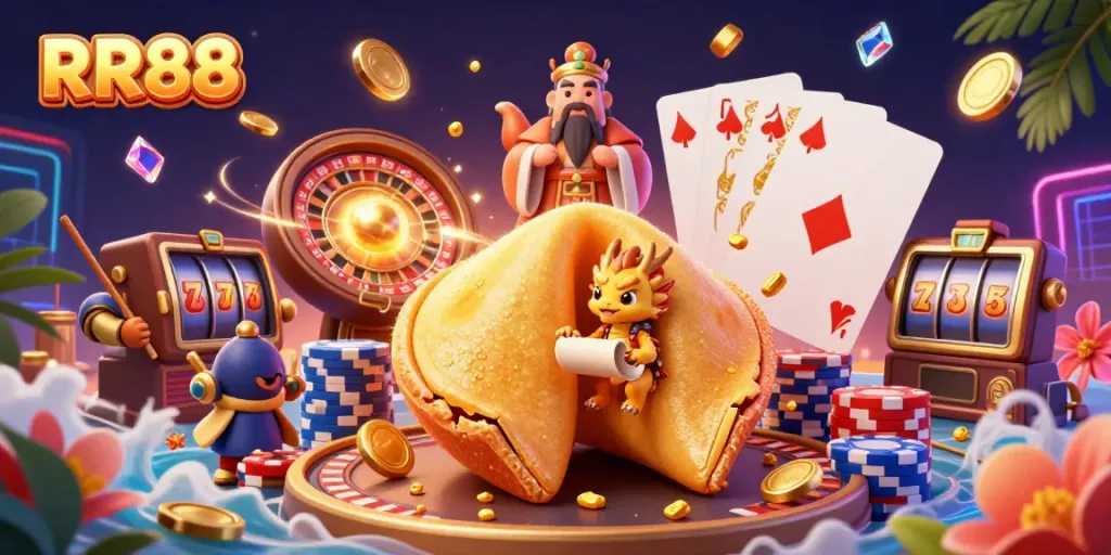 Experience thrilling gameplay at RR88 with a dynamic scene showcasing riches and fortune.