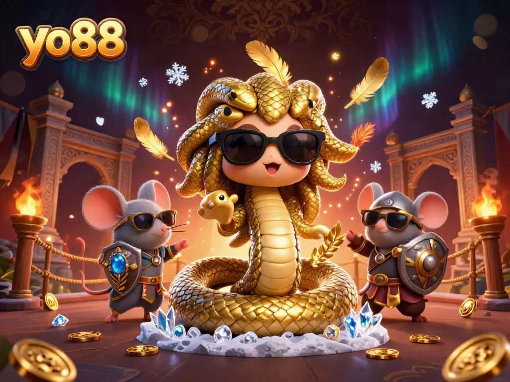 Win big with yo88 in a vibrant casino scene featuring a friendly Medusa and a brave warrior mouse.