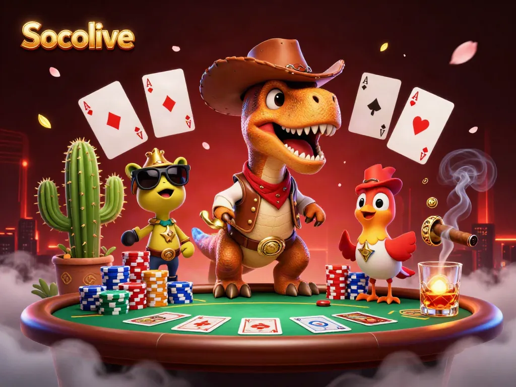Socolive showcases a thrilling poker scene with a cowboy dinosaur and dynamic elements.