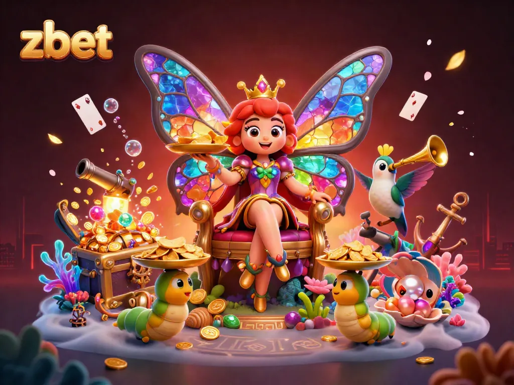Experience the vibrant world of zbet with a cartoon butterfly queen amidst casino treasures.