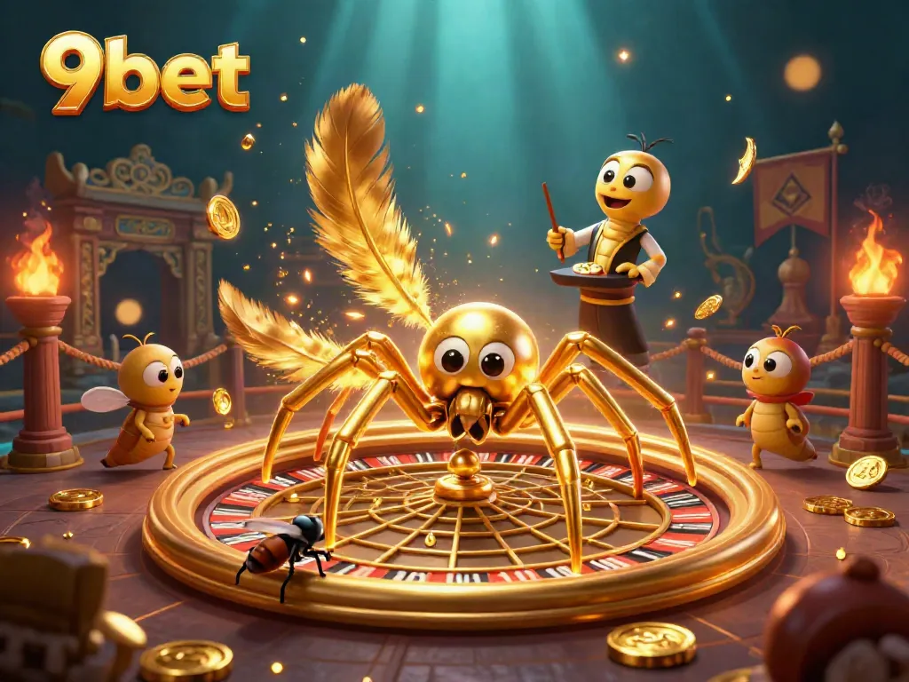 9bet offers an engaging betting scene with a golden spider spinning a roulette web and a nervous fly placing bets.