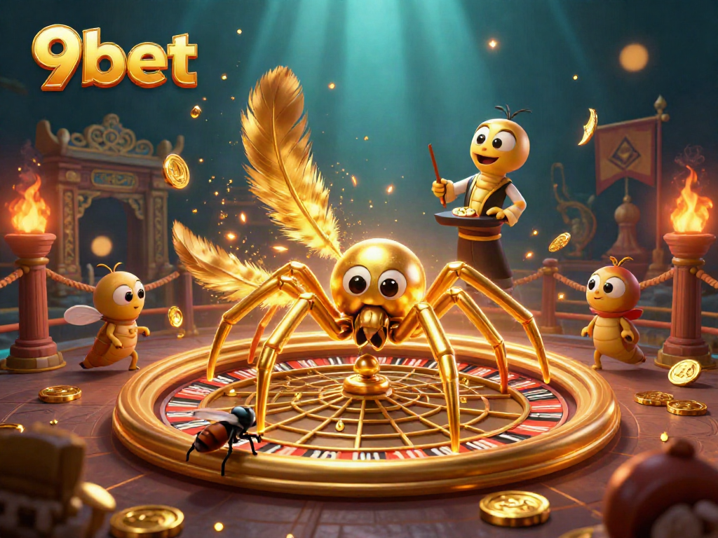 9bet offers an engaging betting scene with a golden spider spinning a roulette web and a nervous fly placing bets.
