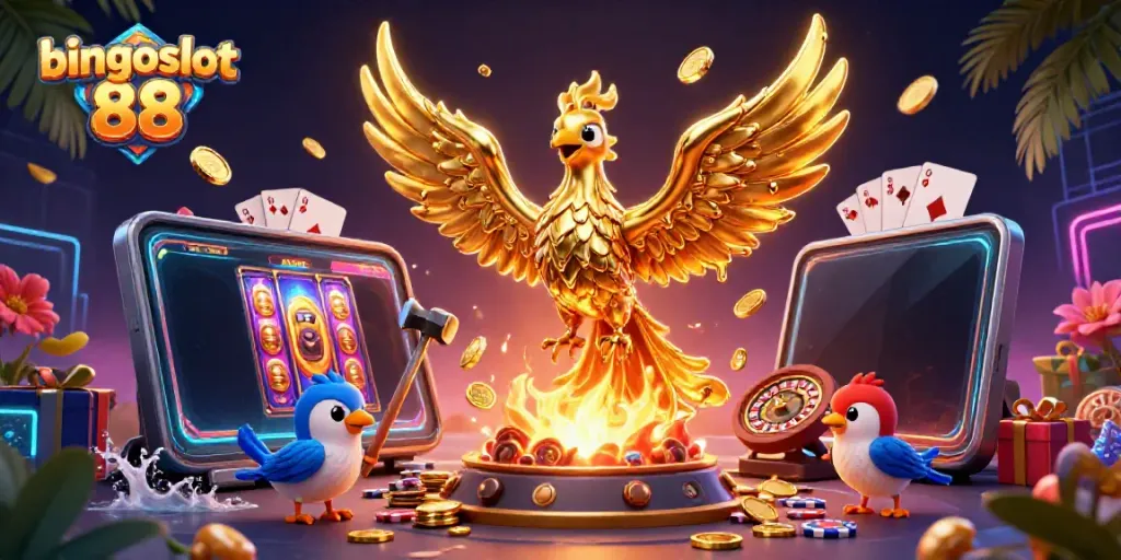 Menangkan jackpot dengan bingoslot 88, ilustrasi kasino yang menampilkan phoenix emas dan elemen permainan menarik.