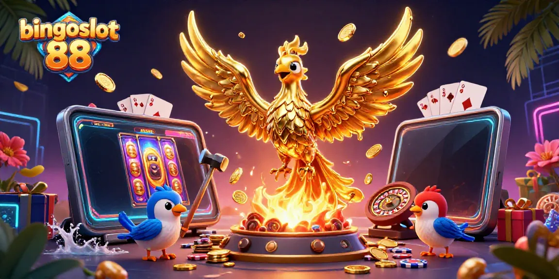 Menangkan jackpot dengan bingoslot 88, ilustrasi kasino yang menampilkan phoenix emas dan elemen permainan menarik.