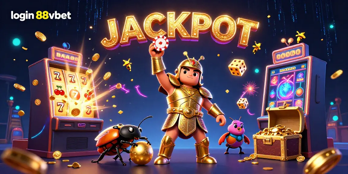 Experience winning excitement with login 88vbet in this vibrant casino illustration featuring beetles and jackpots.