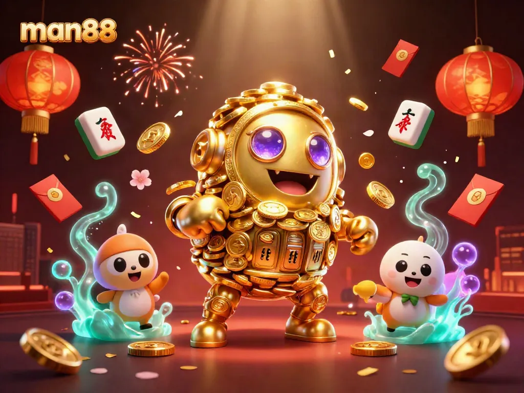 Experience exciting gameplay with man88's dynamic 3D illustration featuring golden golem and casino elements.