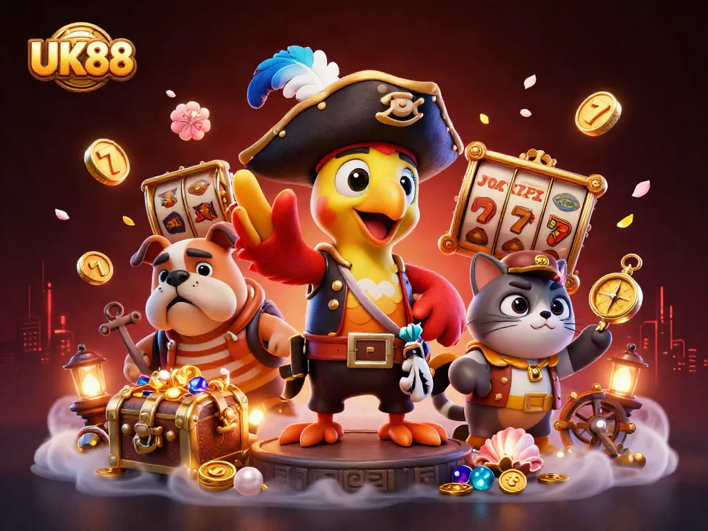 UK88 showcases a vibrant scene with a pirate captain and friends celebrating wins in a richly detailed casino.