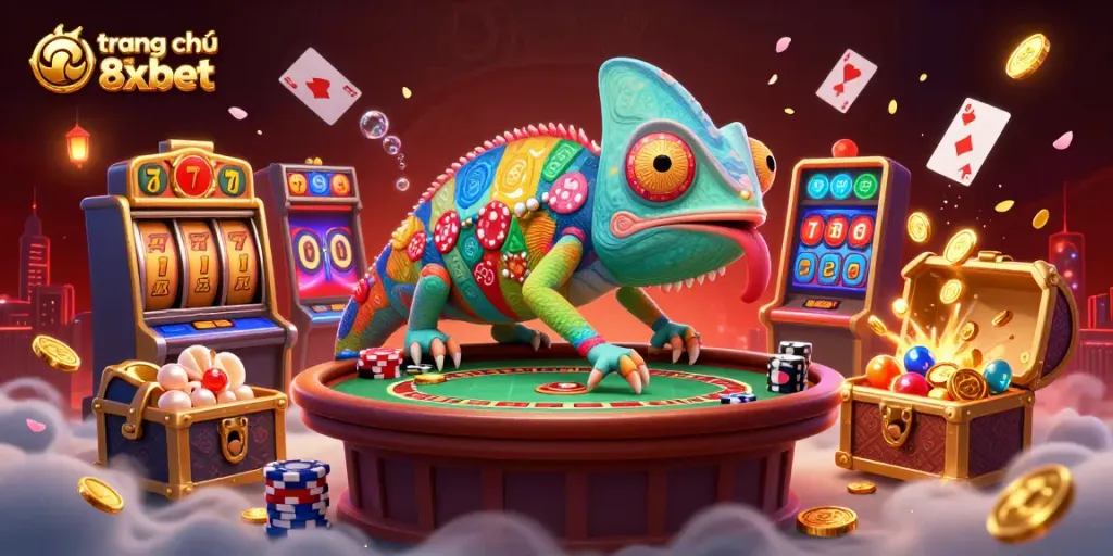 Engaging 3D illustration showcasing trang chủ 8xbet with vibrant casino elements and a chameleon character.