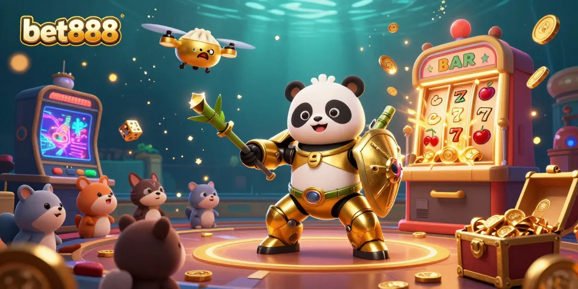Experience the thrill of betting at bet888 with an exciting energetic scene featuring a golden panda robot in a bustling casino.