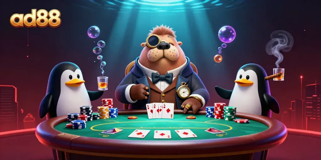 Engage in the thrilling underwater poker world at ad88 with a jolly walrus, penguin dealer, and bluffing pufferfish.