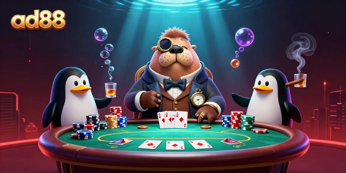 Engage in the thrilling underwater poker world at ad88 with a jolly walrus, penguin dealer, and bluffing pufferfish.