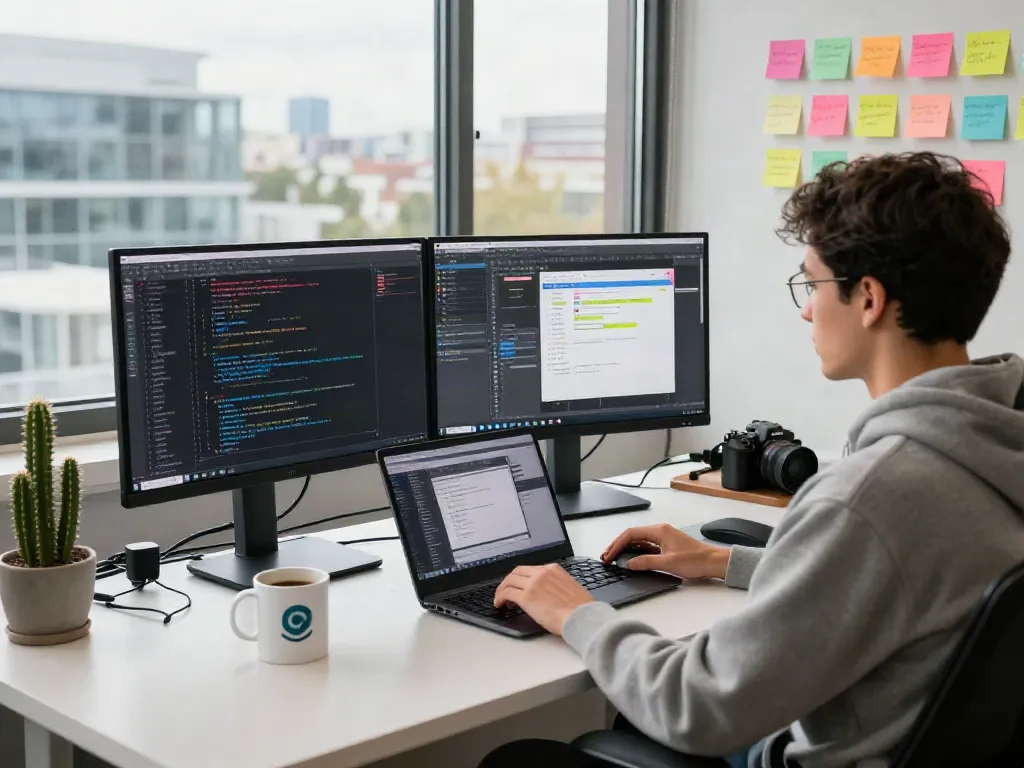 Professional coder at a vibrant tech workspace, illustrating pecah 404 in modern development.