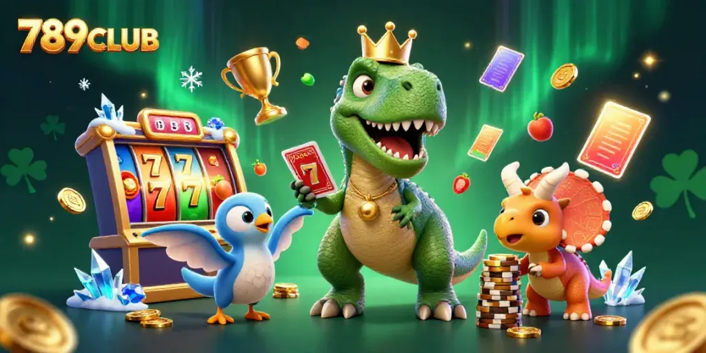 Engaging scene of the 789CLUB T-Rex attempting to shuffle cards amidst a vibrant casino atmosphere.