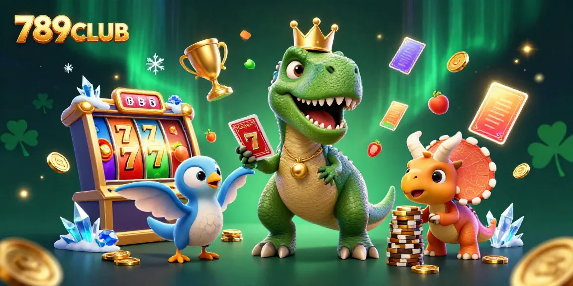 Engaging scene of the 789CLUB T-Rex attempting to shuffle cards amidst a vibrant casino atmosphere.