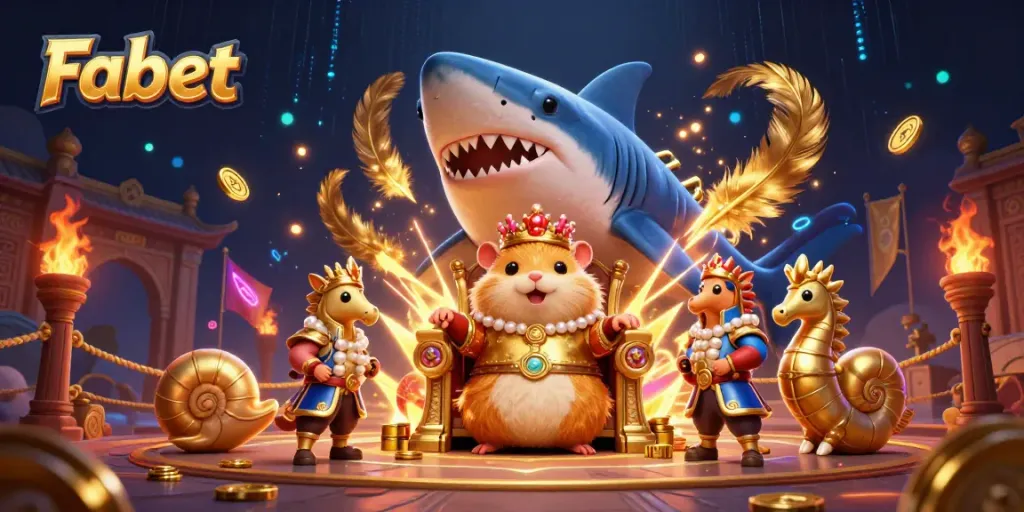 Experience Fabet’s thrilling casino adventures with a fierce hamster king and magical elements in a vibrant scene.