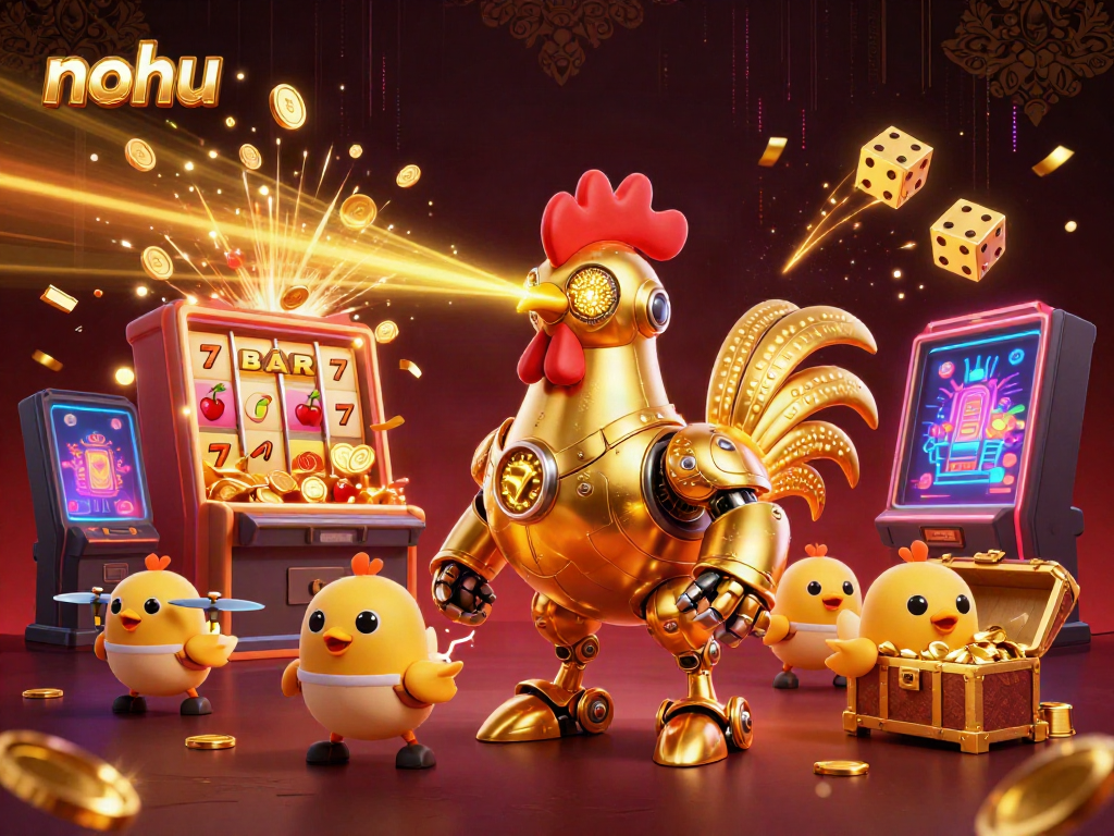 Experience the nohu magic with a golden rooster robot and vibrant slot machine bursting with treasures.