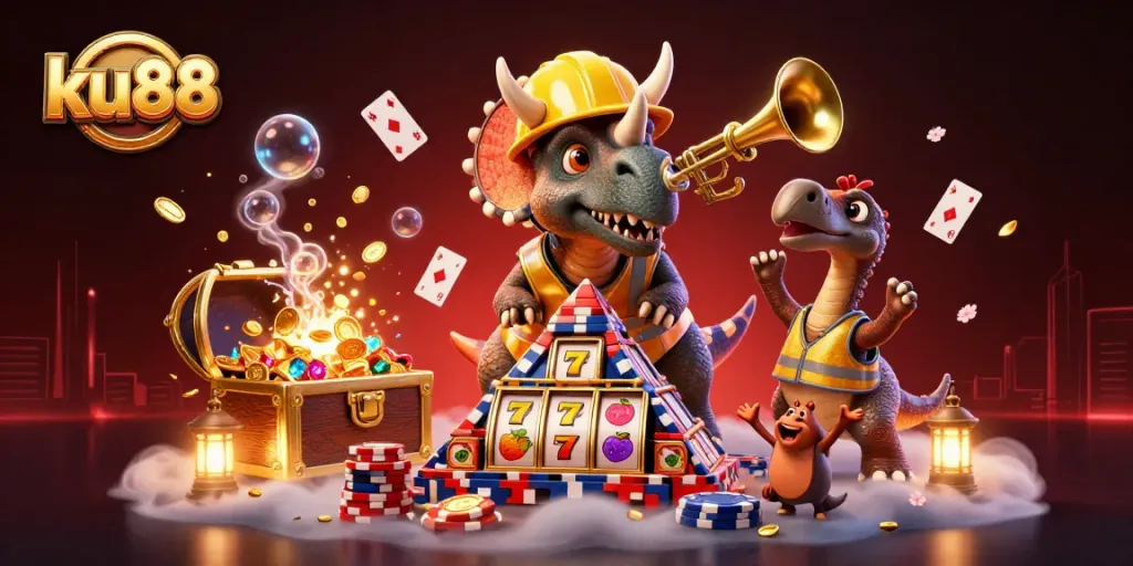 ku88 players enjoying a lively casino scene with a triceratops building poker chip towers