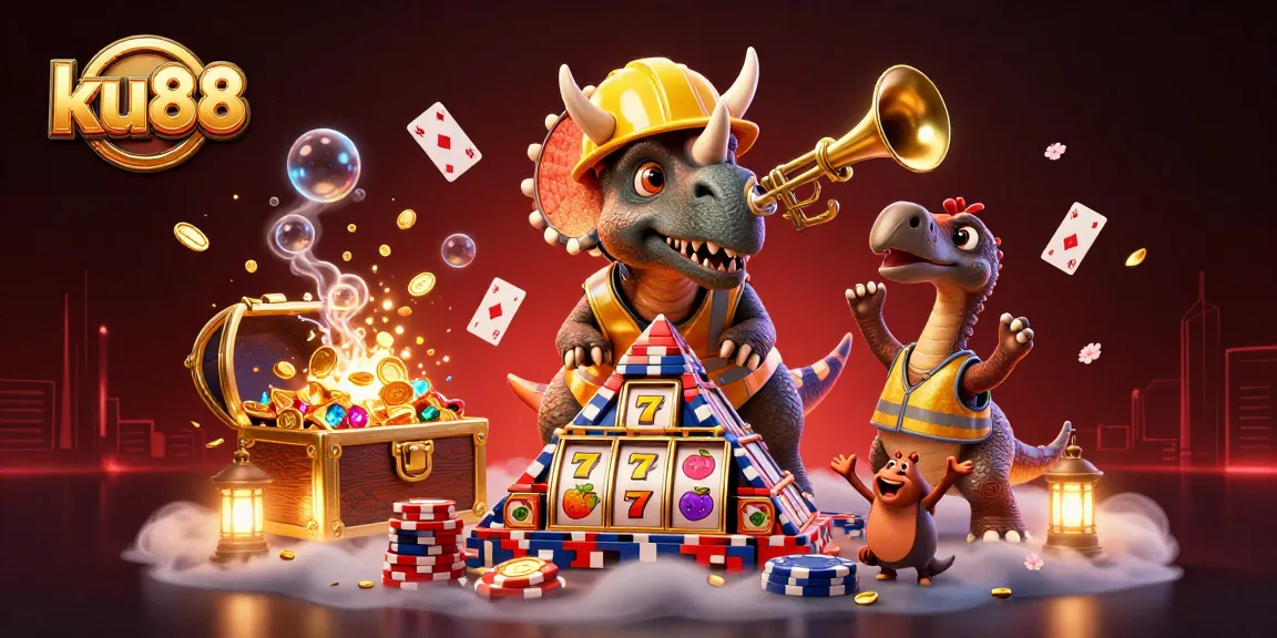 ku88 players enjoying a lively casino scene with a triceratops building poker chip towers