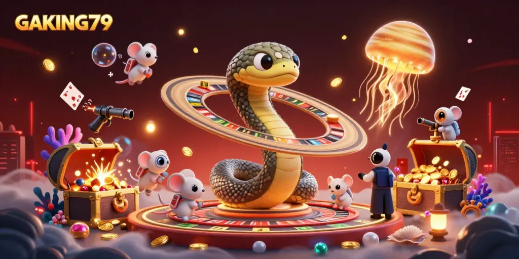 Engage in cosmic gambling fun with GAKING79 featuring playful astronaut mice betting on Saturn's roulette rings against a backdrop of treasure and excitement.