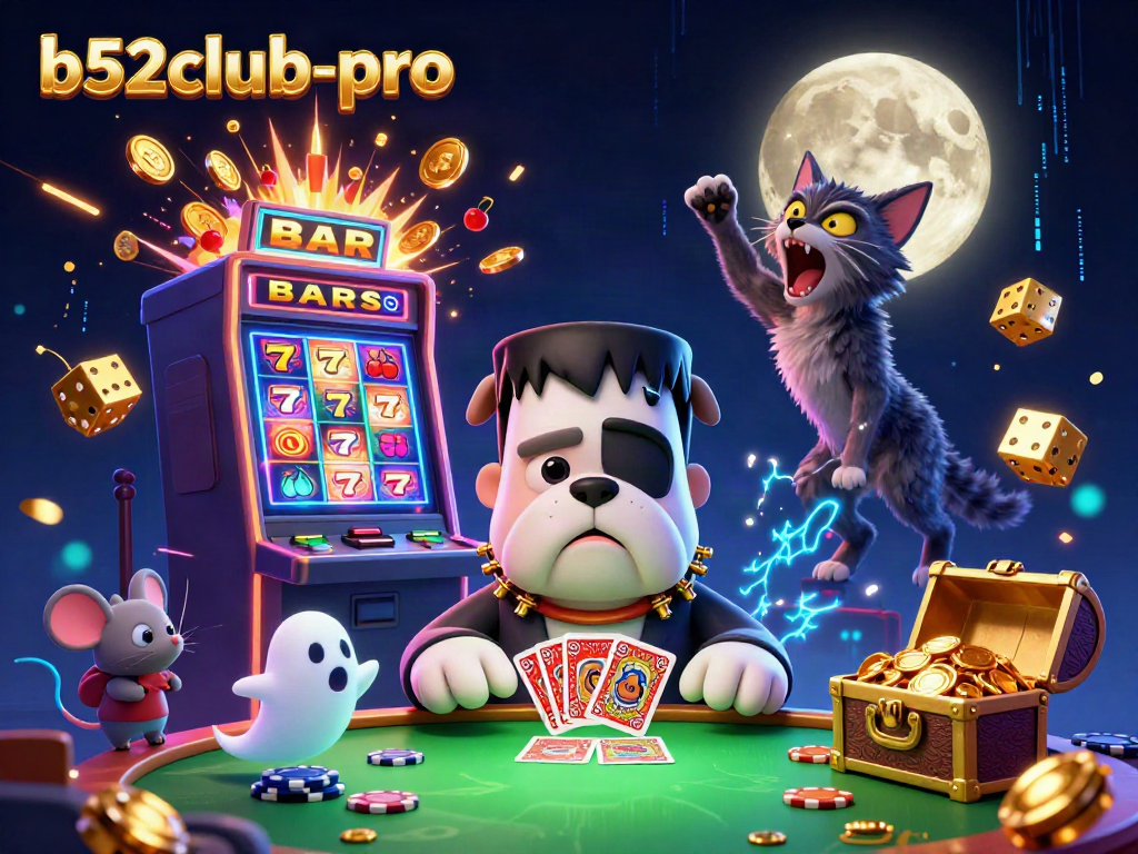 Engage with the b52club-pro’s thrilling casino world illustrated with vibrant characters and games.