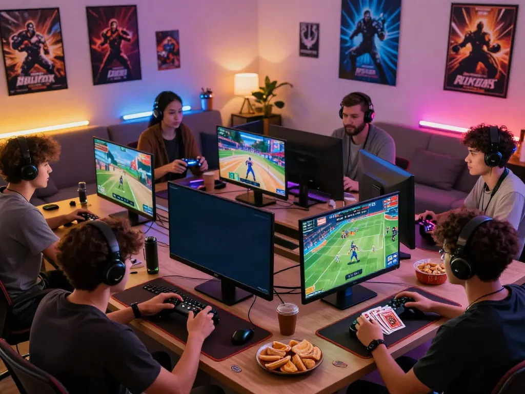 Friends enjoying hitclub gaming experience in a bright living room.