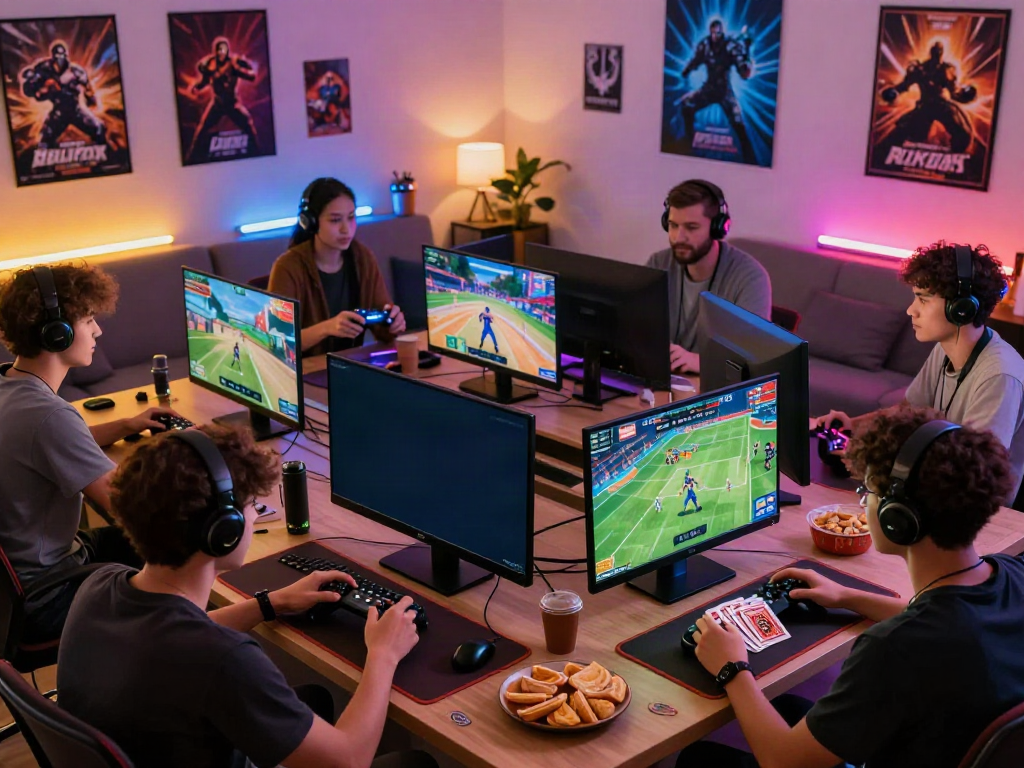 Friends enjoying hitclub gaming experience in a bright living room.