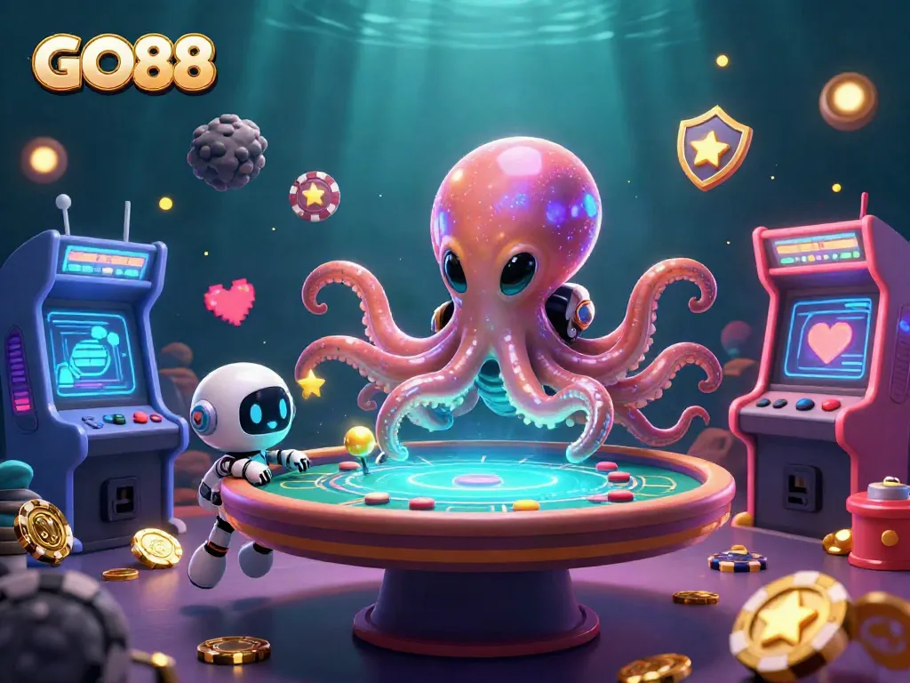 Experience the excitement of GO88 with a vibrant 3D illustration of an alien octopus at a poker table.