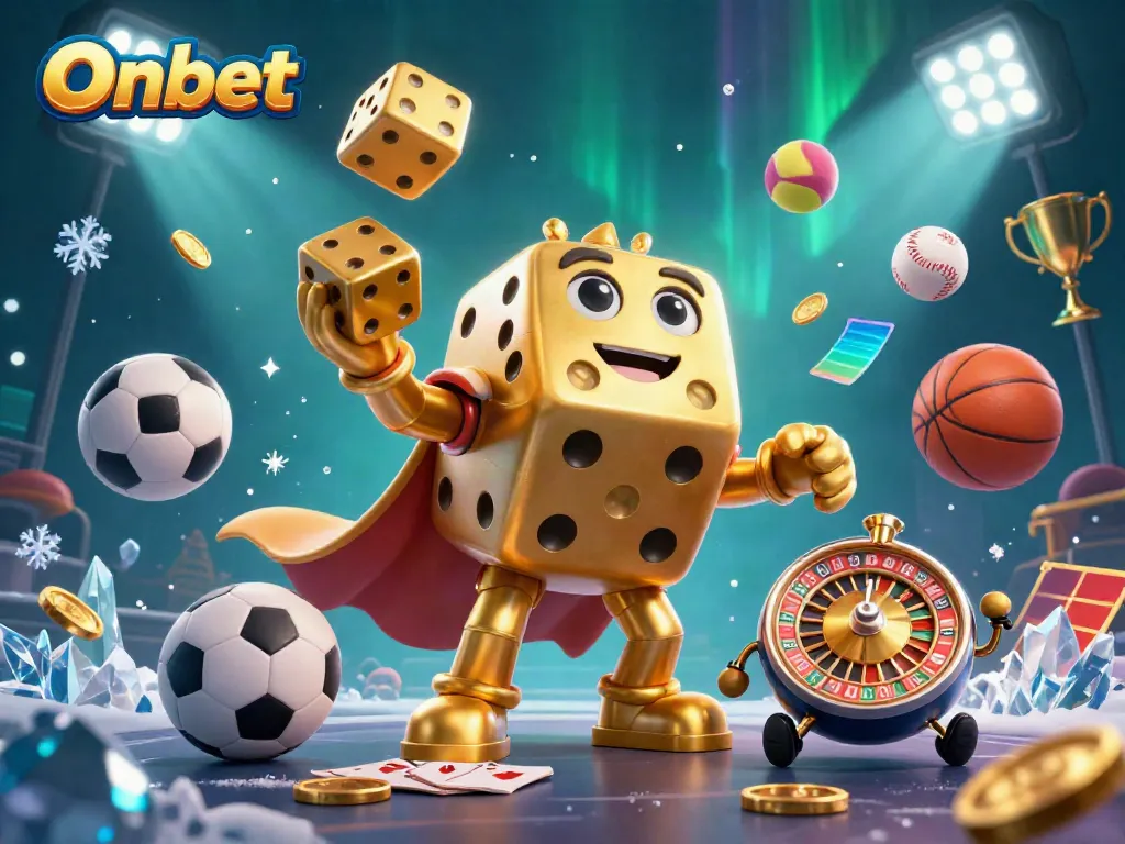 Experience Onbet's thrilling gaming world with golden dice, dynamic sports elements, and rich visuals.