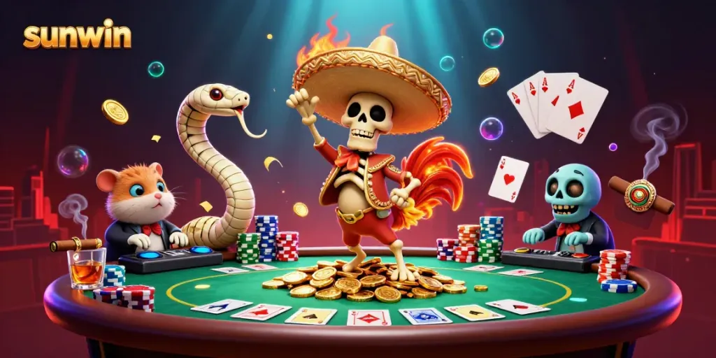 Win big with sunwin at this vibrant online casino illustration featuring dynamic characters and gaming elements.